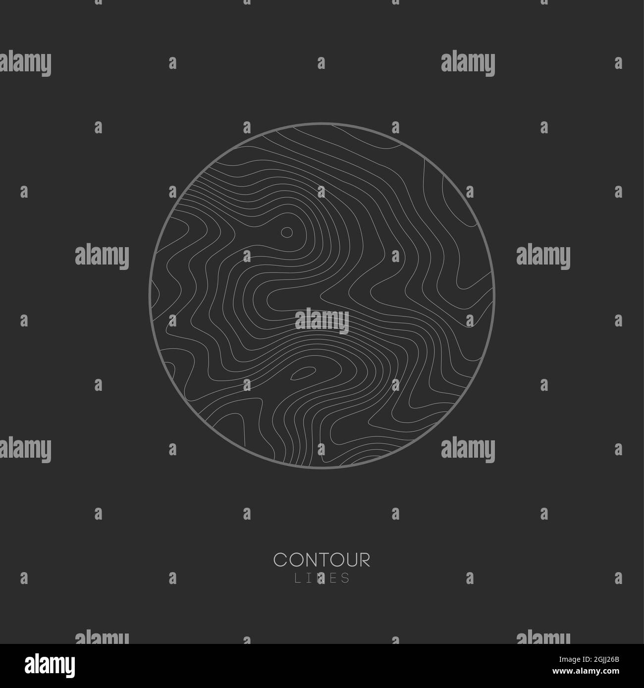Topographic map circle logo concept on dark background. Topo map elevation lines. Contour vector abstract vector illustration. Stock Vector