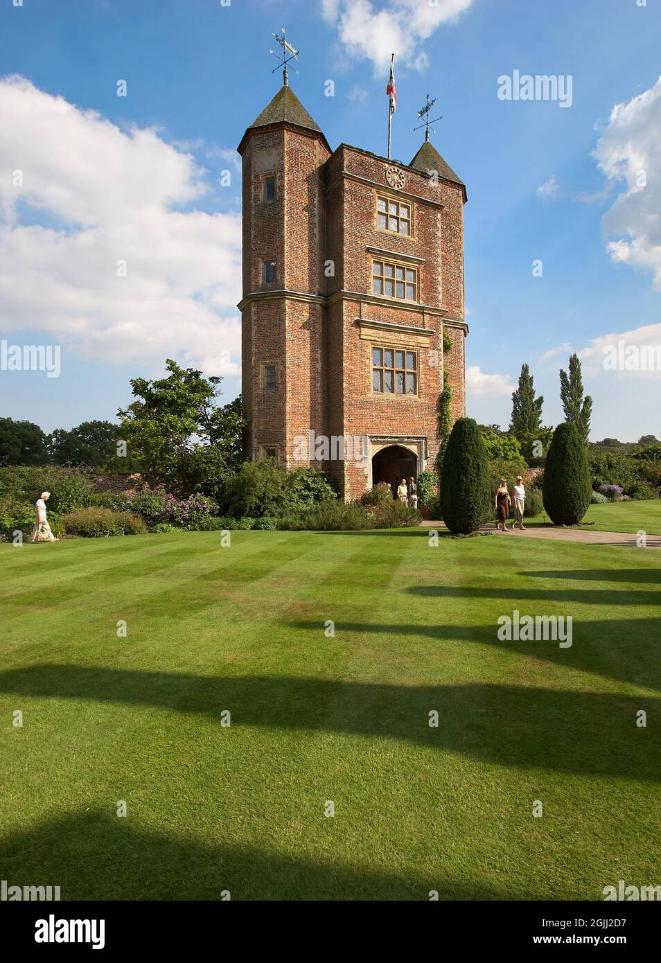 The Elizabethan Tower and lawns at Vita Sackville West and Harold Nicholson's garden at Sissinghurst Kent UK Stock Photo