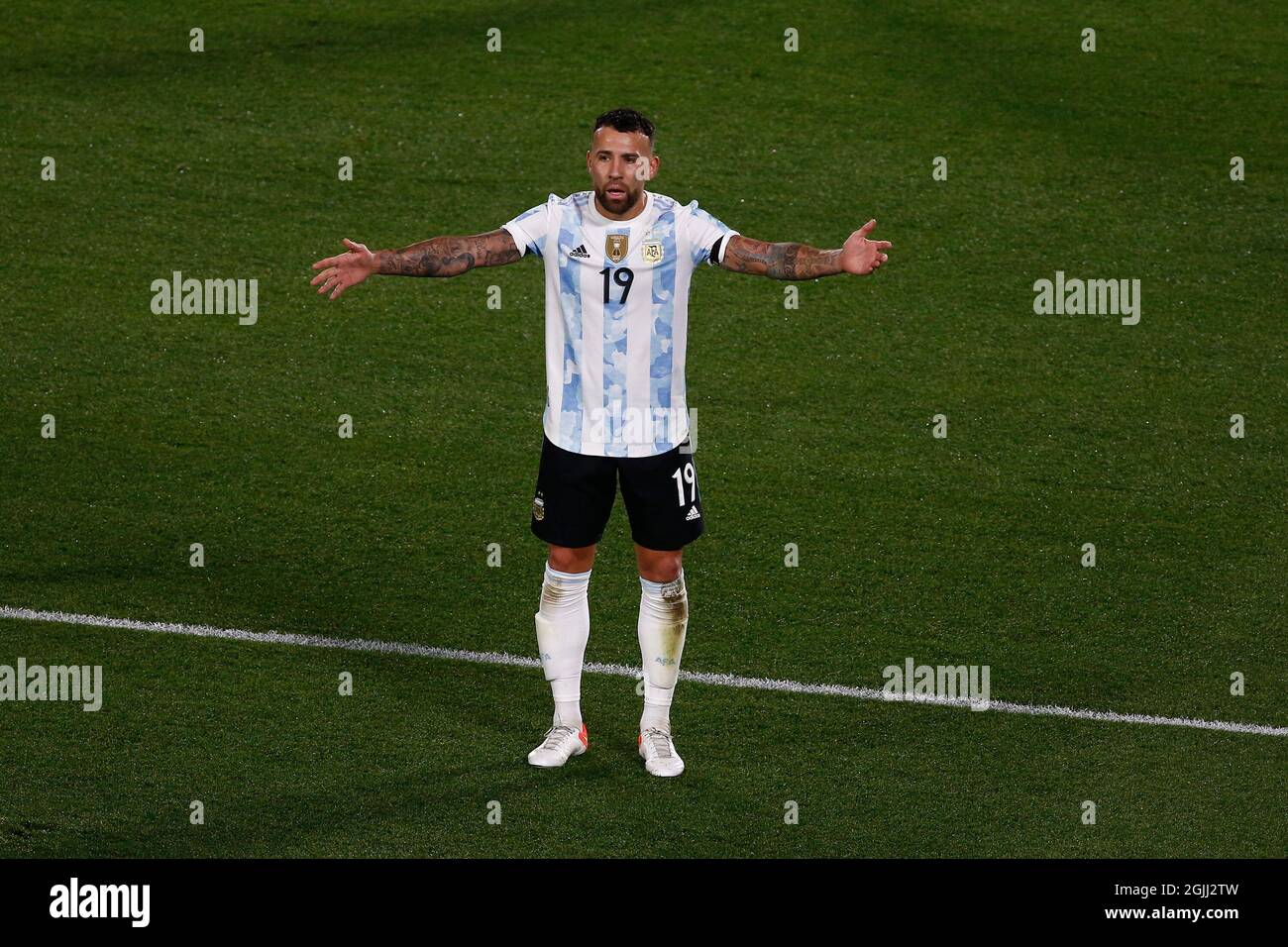 Buenos Aires, Argentina. 09th Sep, 2021. BUENOS AIRES - SEPTEMBER 9: Argentina defender Nicolas Otamendi (19) reacts during a match between Argentina and Bolivia as part of South American Qualifiers for Qatar 2022 at Estadio Monumental Antonio Vespucio Liberti on September 9, 2021 in Buenos Aires, Argentina. (Photo by Florencia Tan Jun/PxImages) Credit: Px Images/Alamy Live News Stock Photo