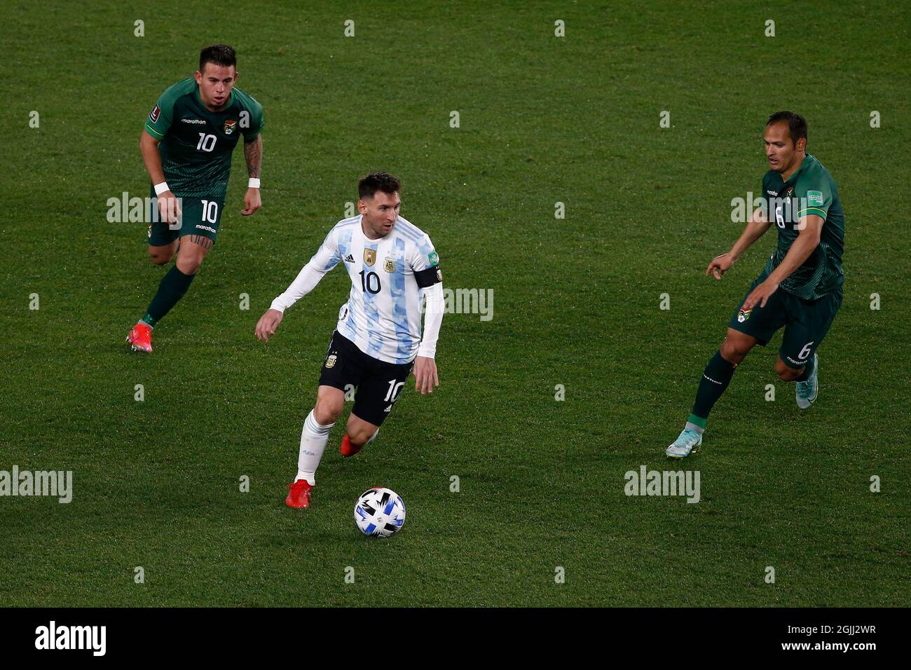 Buenos Aires, Argentina. 09th Sep, 2021. BUENOS AIRES - SEPTEMBER 9: Forward Lionel Messi (10) of Argentina fights for the ball with forward Henry Vaca (10) and defender Leon el Justiniano (6) of Bolivia during a match between Argentina and Bolivia as part of South American Qualifiers for Qatar 2022 at Estadio Monumental Antonio Vespucio Liberti on September 9, 2021 in Buenos Aires, Argentina. (Photo by Florencia Tan Jun/PxImages) Credit: Px Images/Alamy Live News Stock Photo
