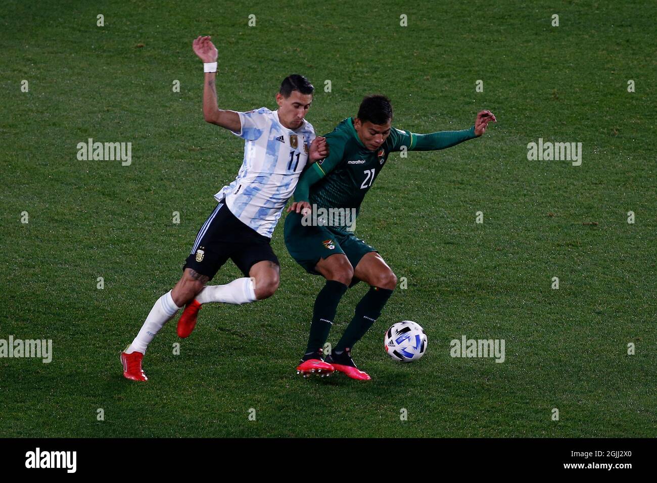 Buenos Aires, Argentina. 09th Sep, 2021. BUENOS AIRES - SEPTEMBER 9: Forward Angel Di María (11) of Argentina fights for the ball with defender J. Sagredo (21) of Bolivia during a match between Argentina and Bolivia as part of South American Qualifiers for Qatar 2022 at Estadio Monumental Antonio Vespucio Liberti on September 9, 2021 in Buenos Aires, Argentina. (Photo by Florencia Tan Jun/PxImages) Credit: Px Images/Alamy Live News Stock Photo