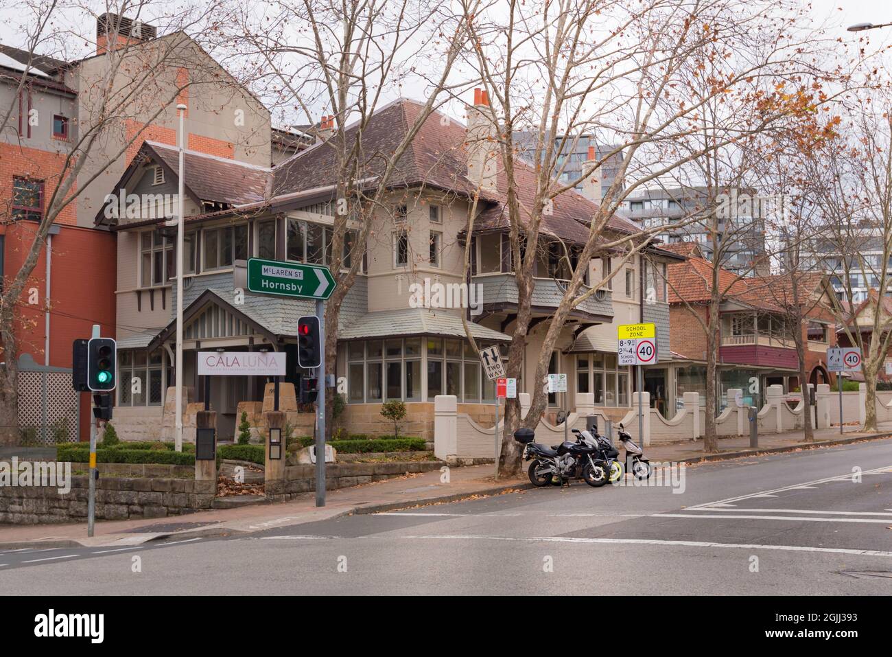 A fine Federation Queen Anne style residence built in 1909 in Miller Street, North Sydney was designed by James McCarthy and is now a restaurant. Stock Photo