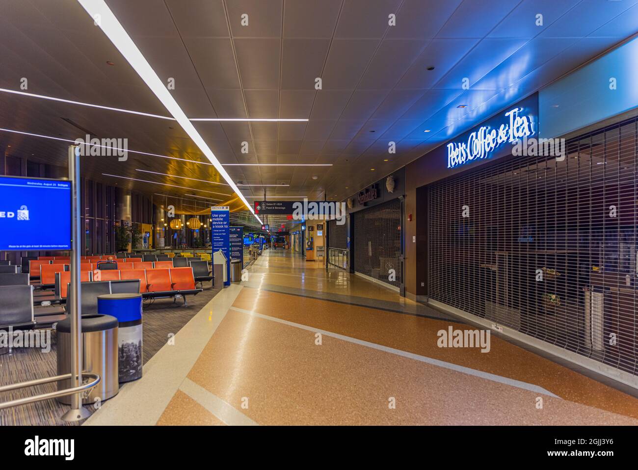 NEWARK, NJ - AUGUST 28: Newark Airport interior on August 28, 2021 in Newark, New Jersey. All shops closed upon late arrival. Stock Photo