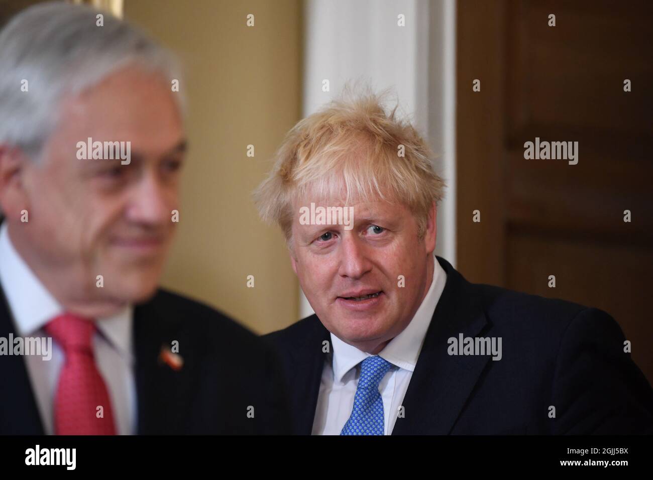 Prime Minister Boris Johnson with the President of Chile, Sebastian Pinera arrive for their meeting at 10 Downing Street in London. Picture date: Friday September 10, 2021. Stock Photo