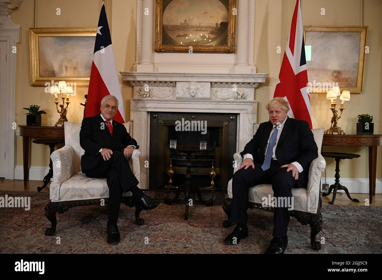 Prime Minister Boris Johnson with the President of Chile, Sebastian Pinera during a meeting at 10 Downing Street in London. Picture date: Friday September 10, 2021. Stock Photo