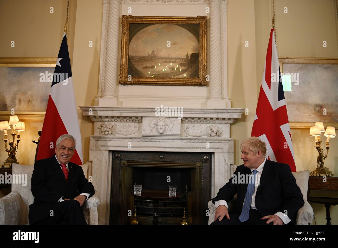 Prime Minister Boris Johnson with the President of Chile, Sebastian Pinera during a meeting at 10 Downing Street in London. Picture date: Friday September 10, 2021. Stock Photo