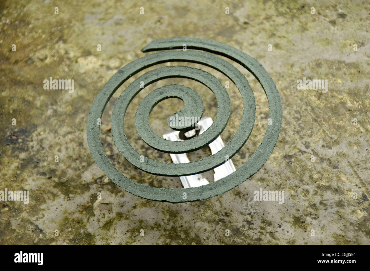 Closeup the green mosquito coil with metal and blurred brown background. Stock Photo