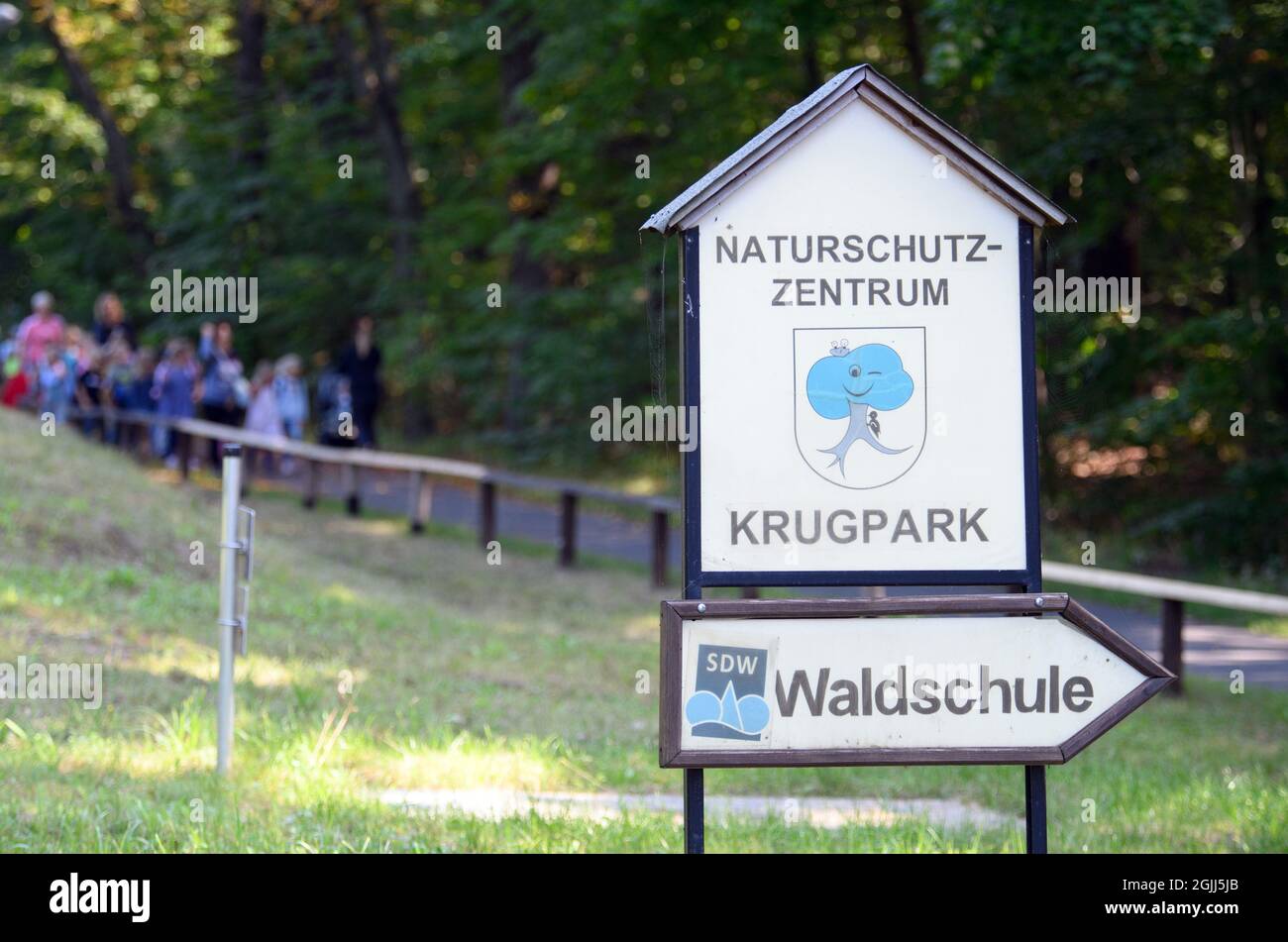 Brandenburg, Germany. September 10 2021: : A sign stands in front the entrance to the Krugpark Conservation Centre in Wilhelmsdorf. The nature conservation centre has a forest school, an educational