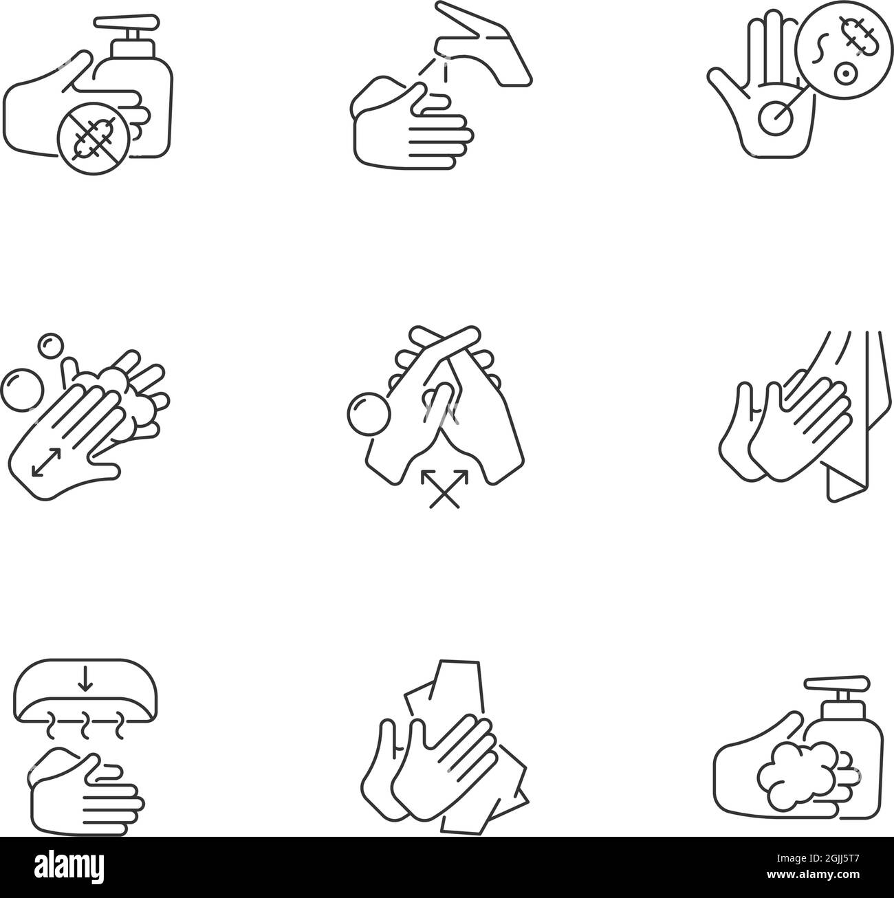 Hand washing steps linear icons set Stock Vector