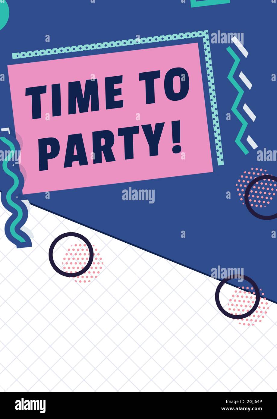 Composition of time to party text on pink rectangle, with line and circle patterns on blue and white Stock Photo