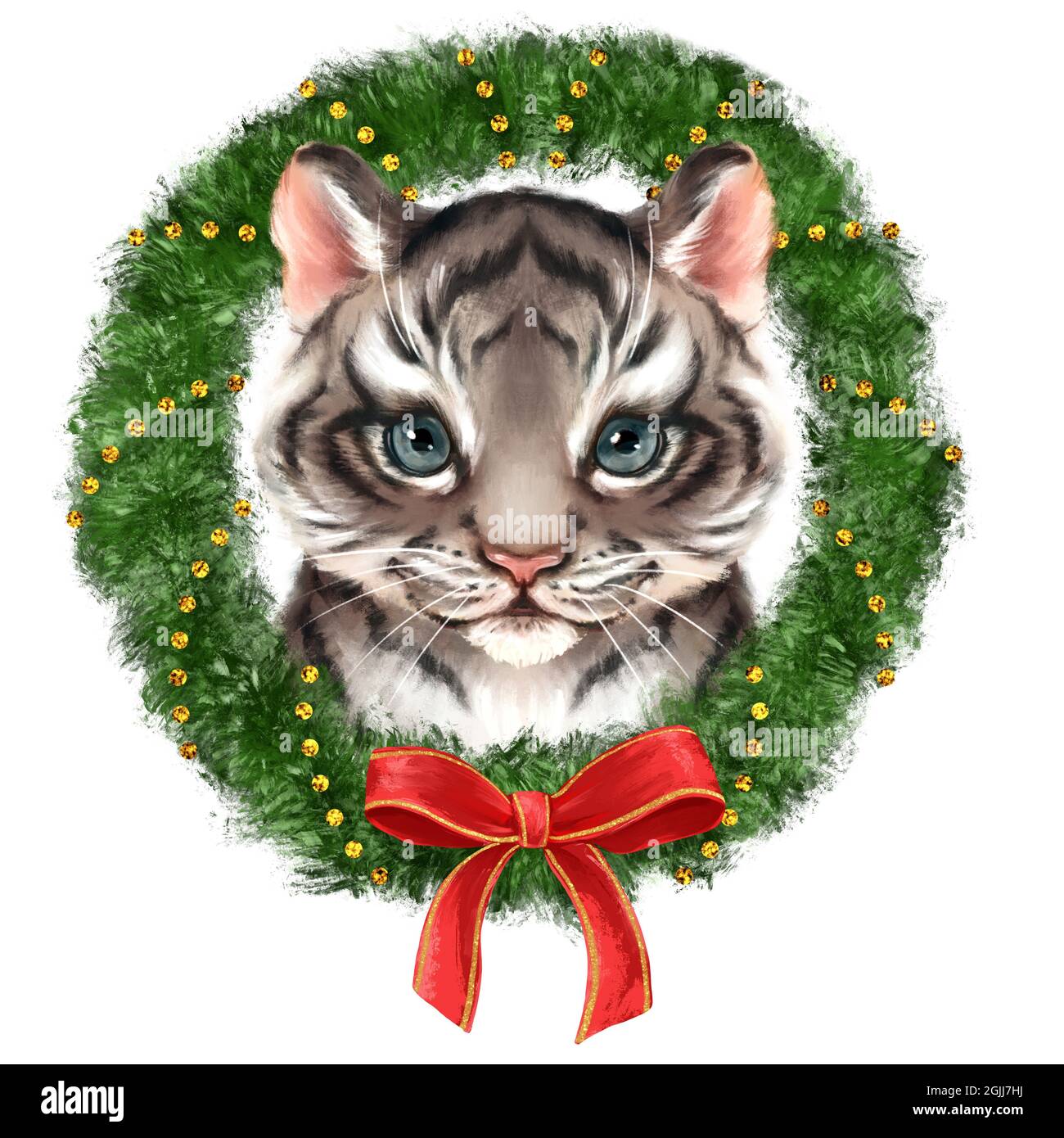 Cute tiger baby with Christmas wreath, portrait. Stock Photo