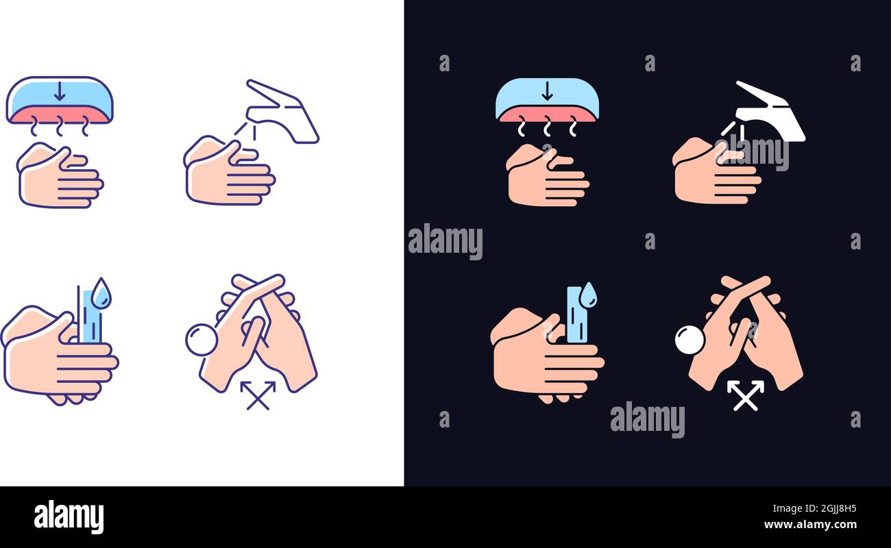 Proper handwashing light and dark theme RGB color icons set Stock Vector