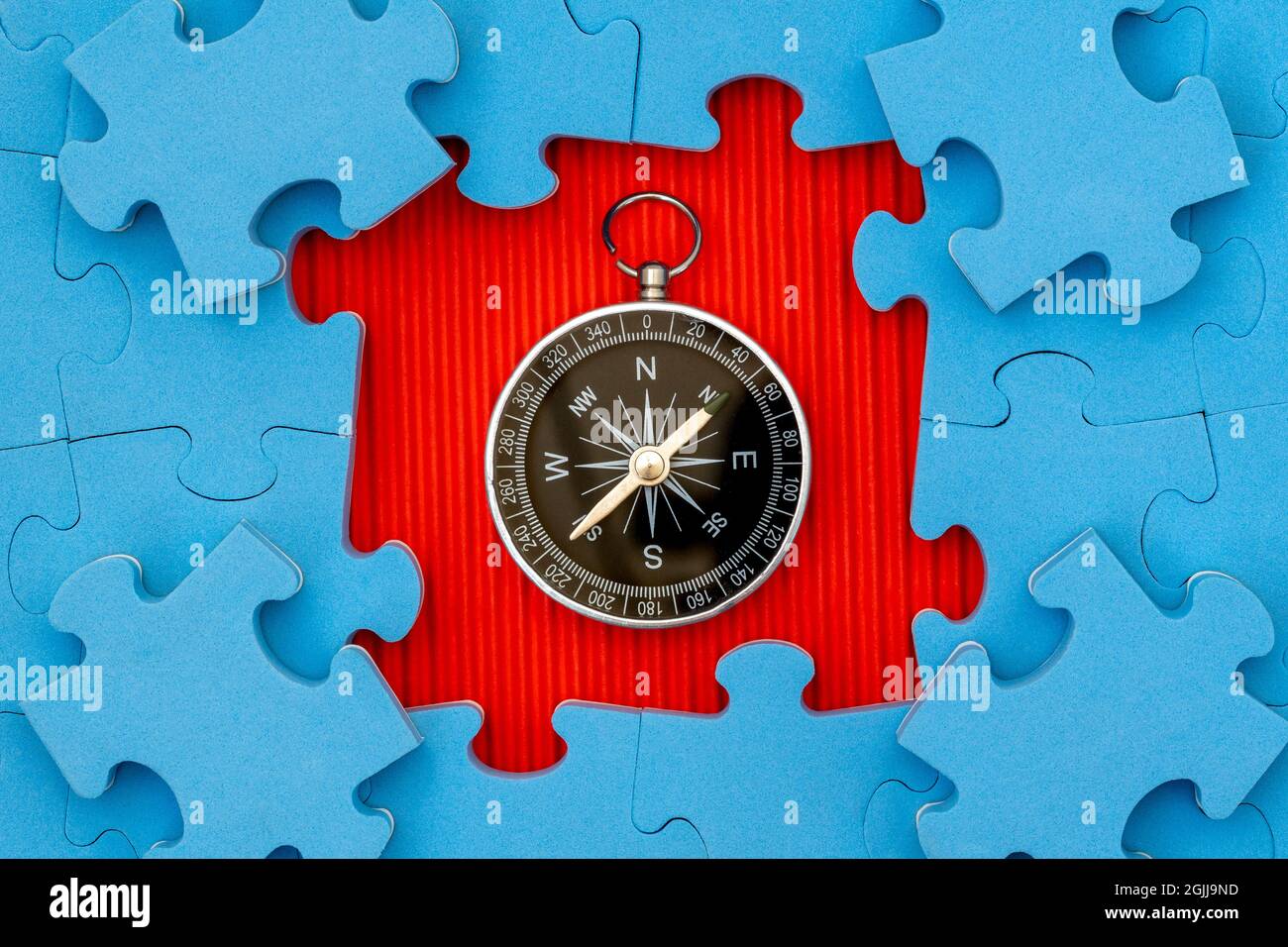 Composition of Jigsaw Puzzle and Compass. Business strategy concept