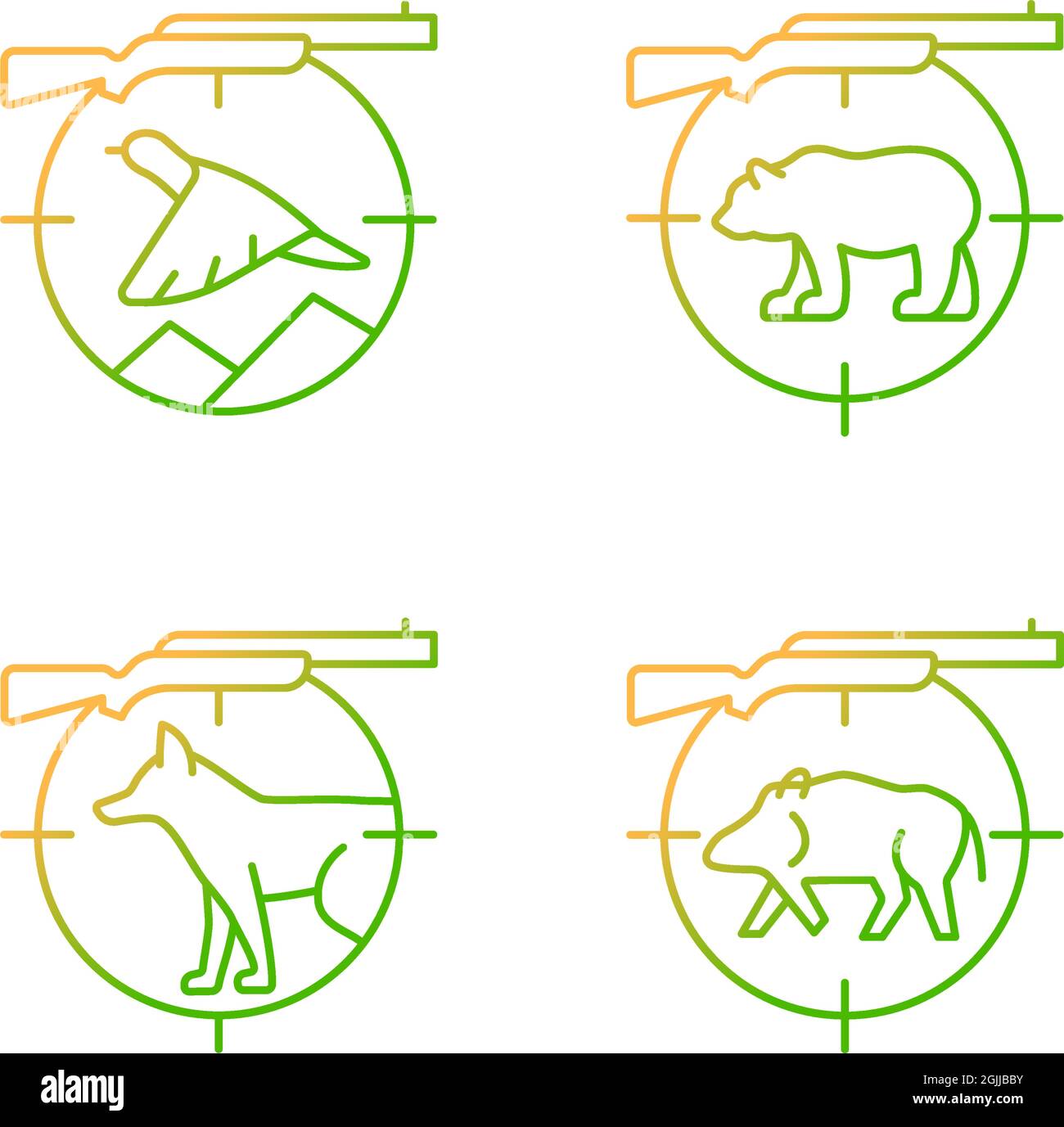 Big and small game hunting gradient linear vector icons set Stock Vector