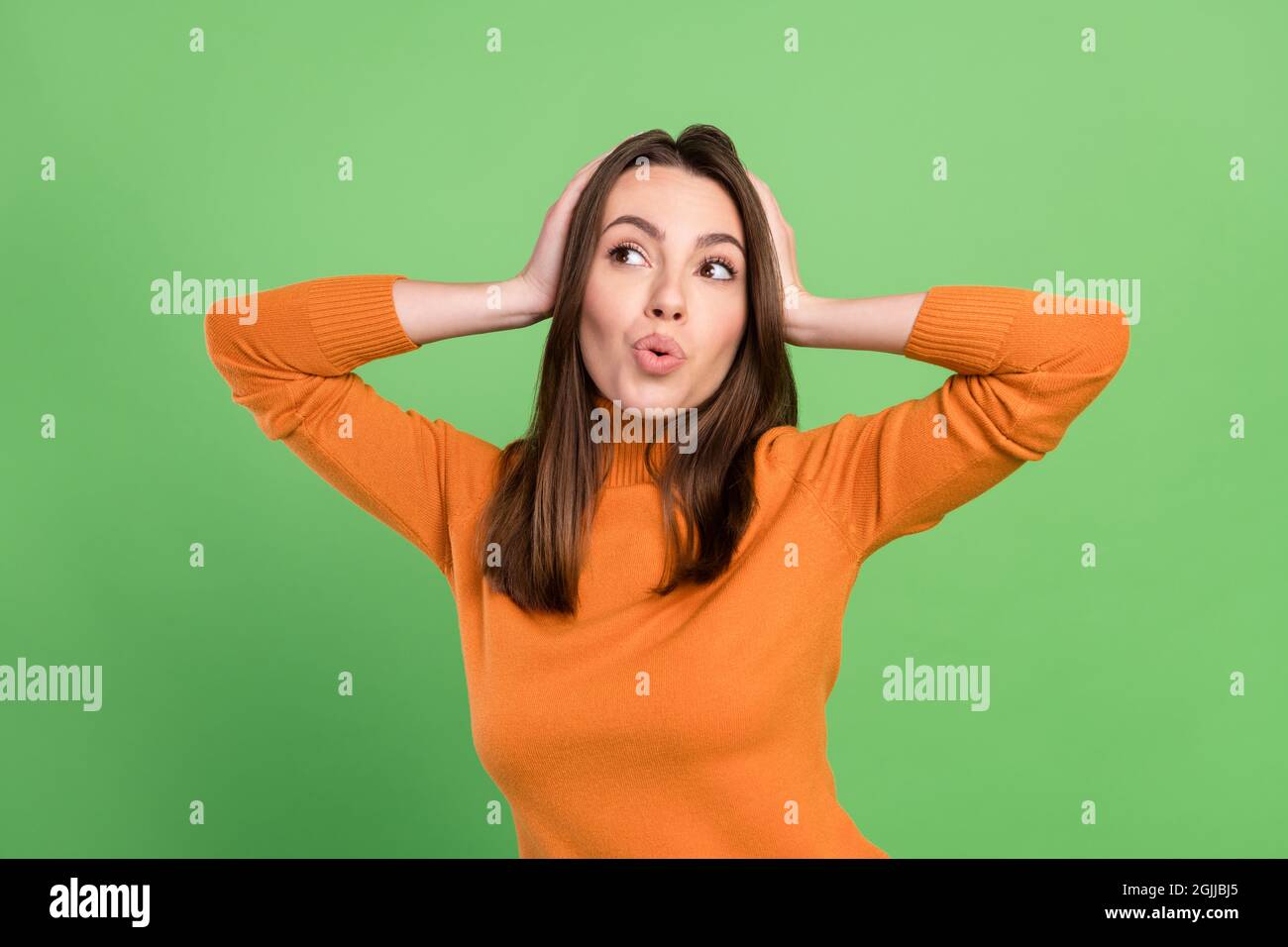 Portrait of attractive cheerful amazed funny girl news reaction posing pout lips isolated over green color background Stock Photo - Alamy Portrait of attractive cheerful amazed funny girl news reaction posing pout lips isolated over green color background Stock Photo - Alamy