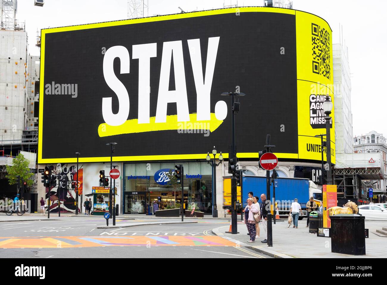 EDITORIAL USE ONLY The word 'STAY' features on the Piccadilly Circus Lights as part of a new campaign to mark World Suicide Prevention Day on Friday, September 10, by Campaign Against Living Miserably (CALM), London. Picture date: Friday, September 10, 2021. Stock Photo