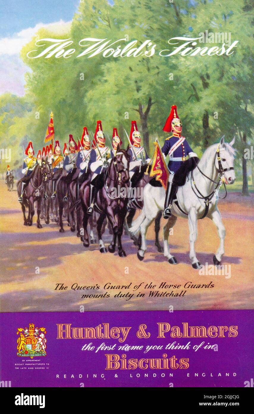 The Queen's Guard of the Horse Guards mounts duty in Whitehall, advertisement for Huntley & Palmers celebrating the 1953 Coronation of Queen Elizabeth Stock Photo