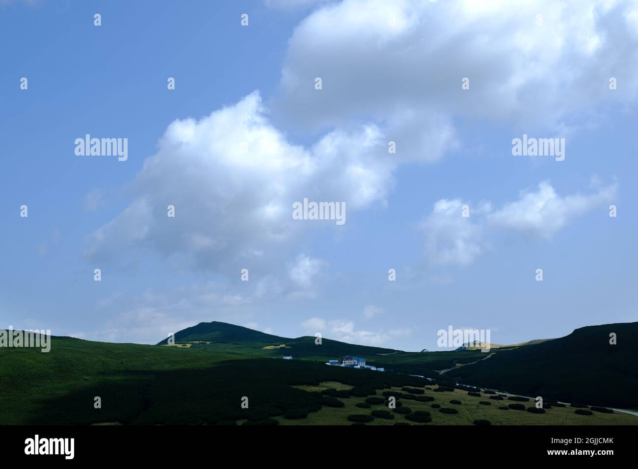 Beautiful landscape on the Bucegi Plateau, with Jepii Mari and Piatra Arsa Chalet, Carpathian Mountains, Romania Stock Photo
