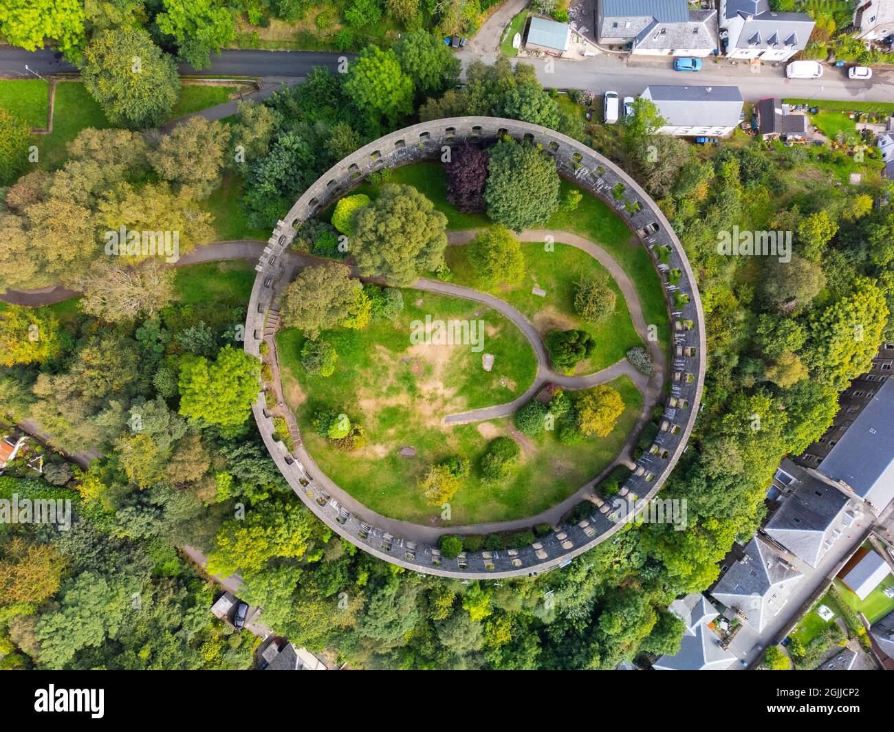 Aerial view from drone of McCaig’s Tower in Oban, Argyll and Bute, Scotland, UK Stock Photo