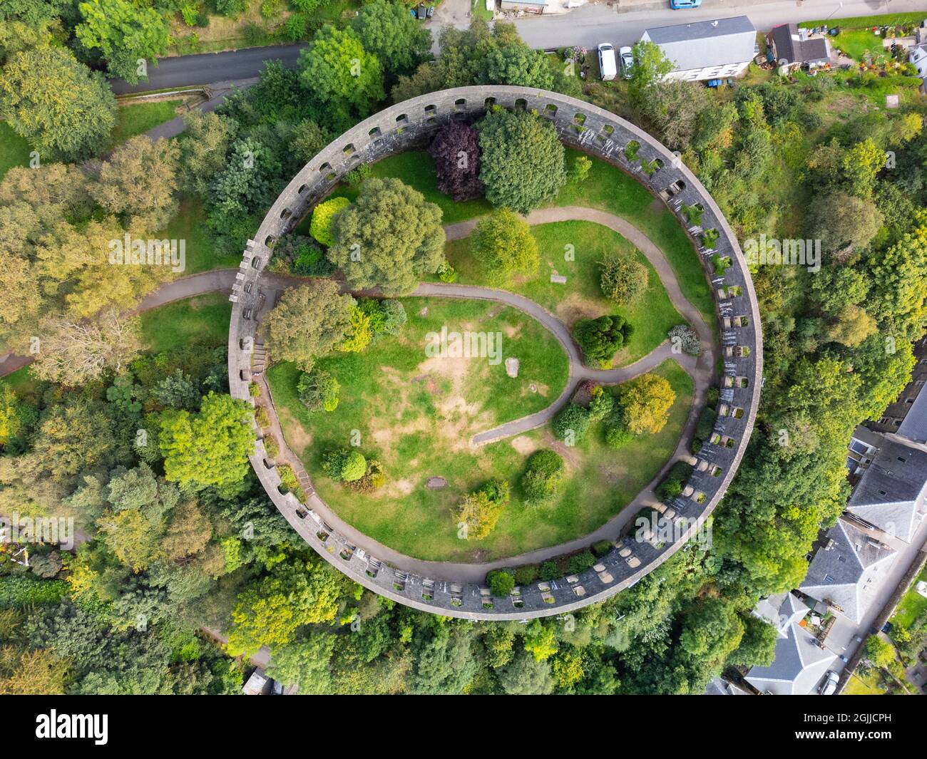 Aerial view from drone of McCaig’s Tower in Oban, Argyll and Bute, Scotland, UK Stock Photo