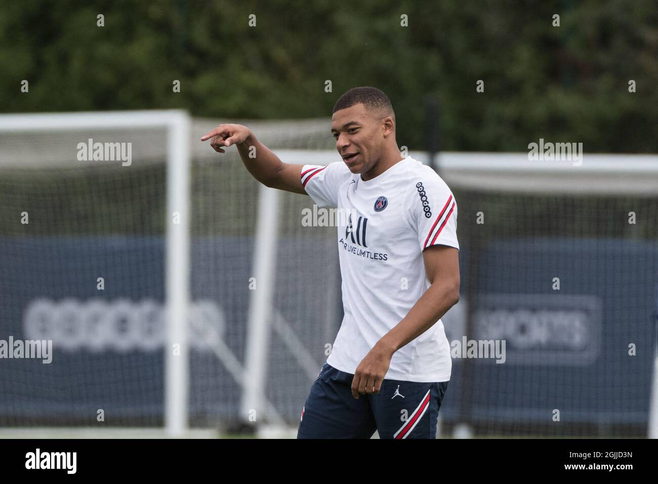 Saint Germain. France, September 10th, 2021. Kylian Mbappe of Paris Saint  Germain during a training session of the football club at the Ooredoo  center (Camps des Loges) at Saint Germain. Saint Germain