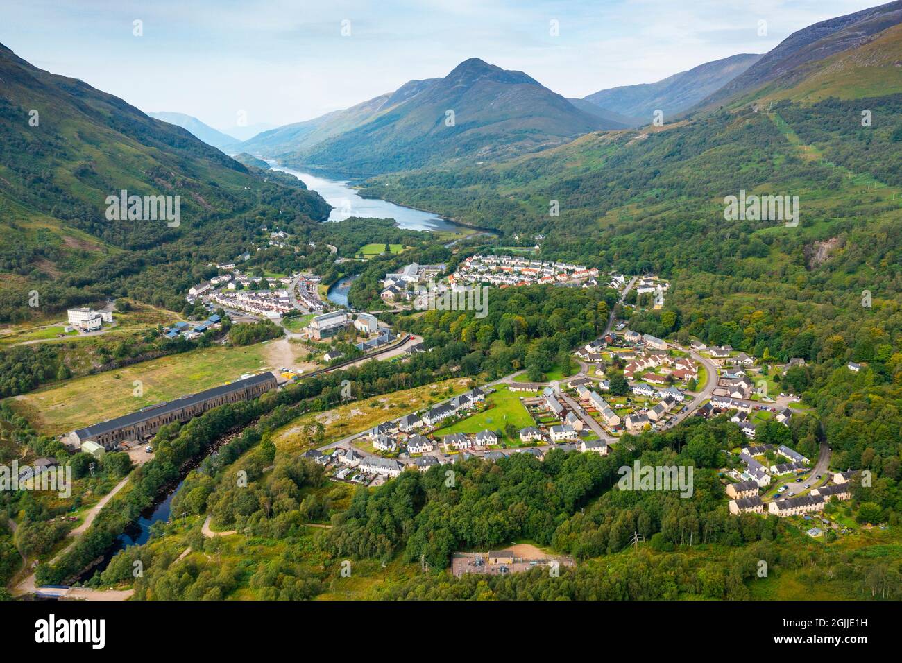 Aerial view from drone of villages of Kinlochleven left and Kinlochmore, Lochaber, Highland