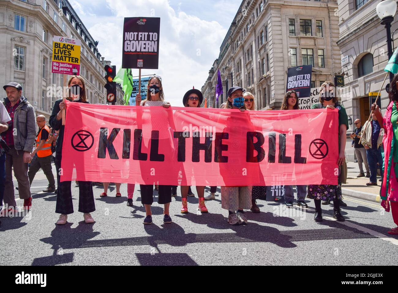 London, United Kingdom. 26th June 2021. Kill The Bill protesters in Regent Street. Several protests took place in the capital, as pro-Palestine, Black Lives Matter, Kill The Bill, Extinction Rebellion, anti-Tory demonstrators, and various other groups marched through Central London. Stock Photo