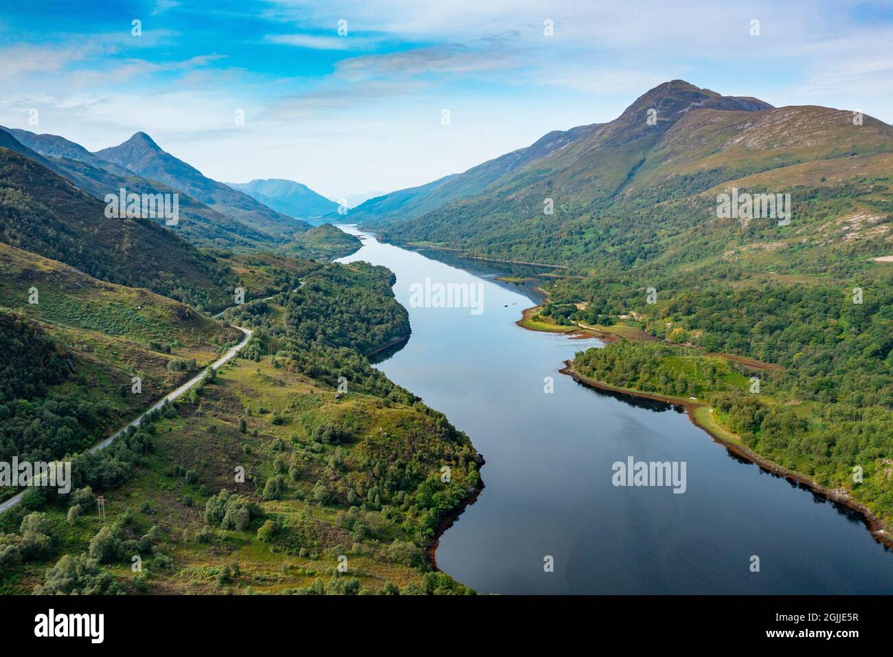 Aerial view from drone of Loch Leven from Kinlochleven  in Lochaber, Highland Region, Scotland, UK Stock Photo