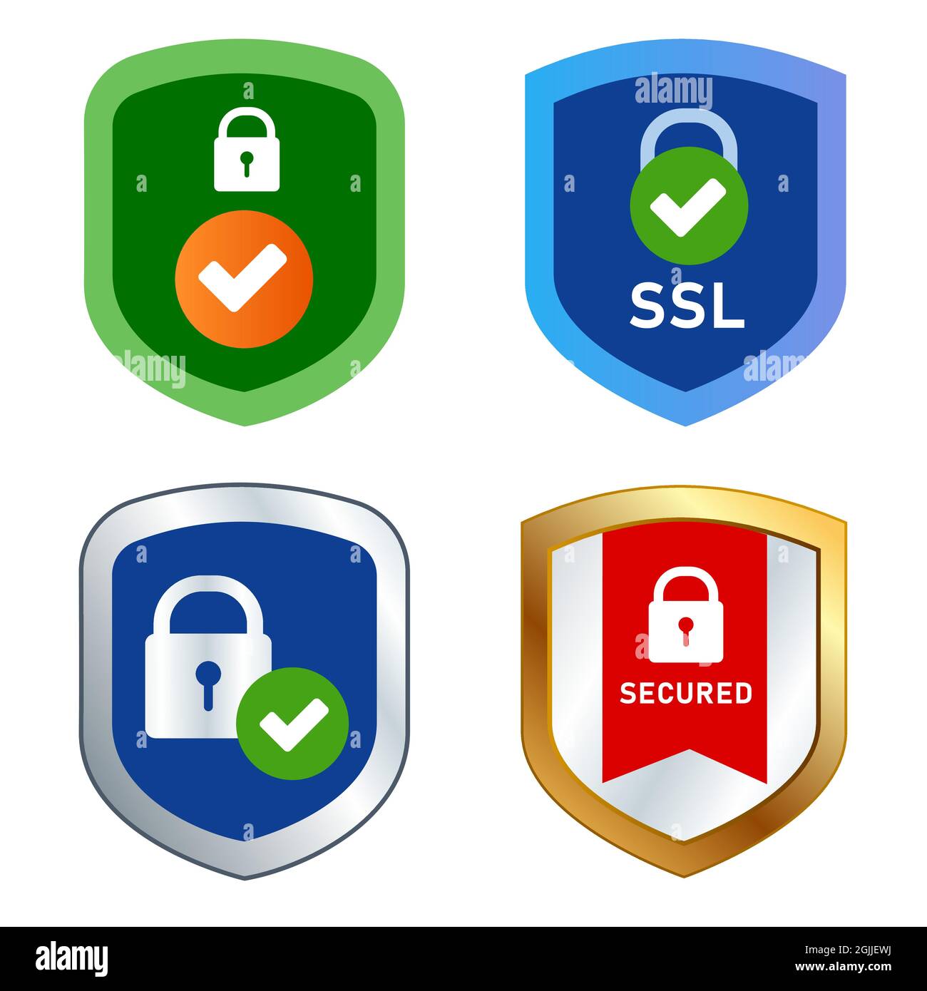shield icon emblem SSL security secured web transaction encrypted symbol stamp cyber pad lock check tick Stock Vector