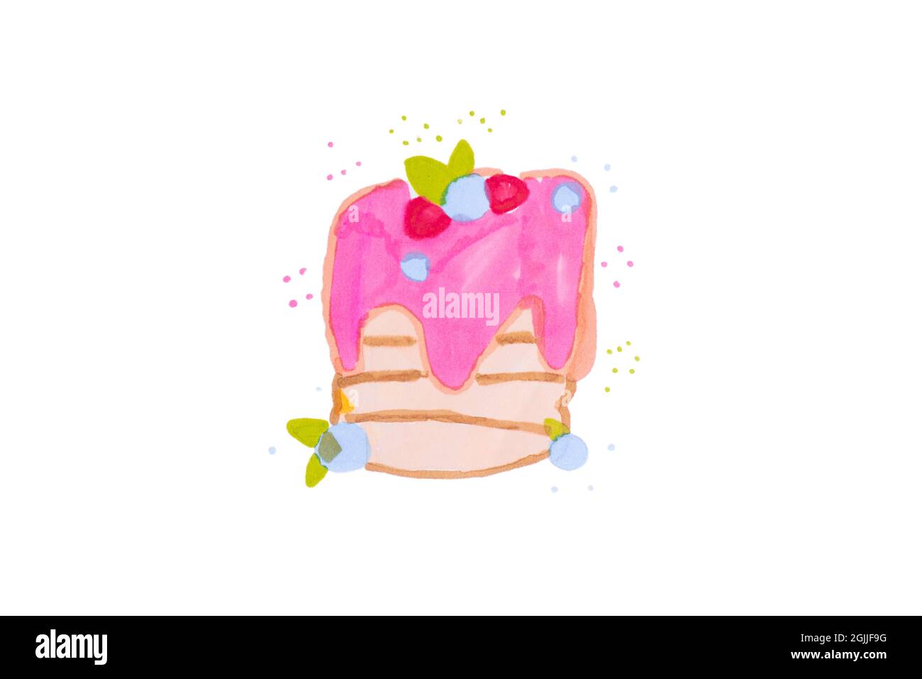 Child's drawing of a birthday cake, pastry with cream on a white background isolad.Child's drawing . Stock Photo