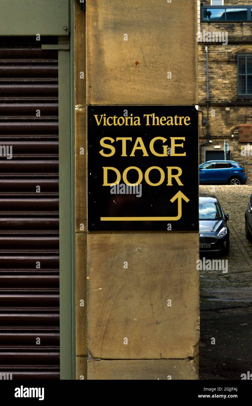 HALIFAX. WEST YORKSHIRE. ENGLAND. 05-29-21. The Victoria Theatre, stage door sign. Stock Photo
