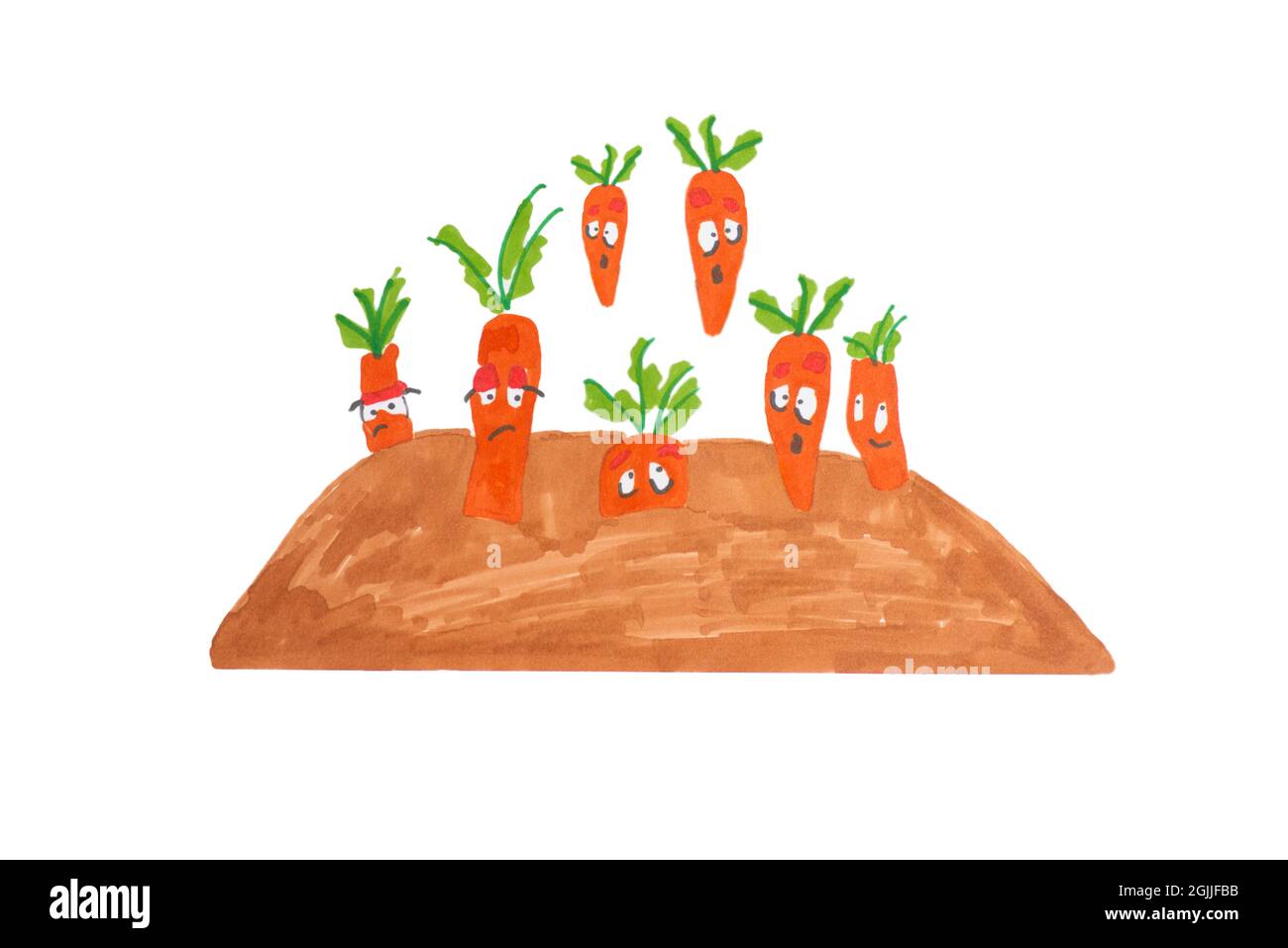 Children's drawing a carrot in the garden on a white background isolade. Paper Art Stock Photo