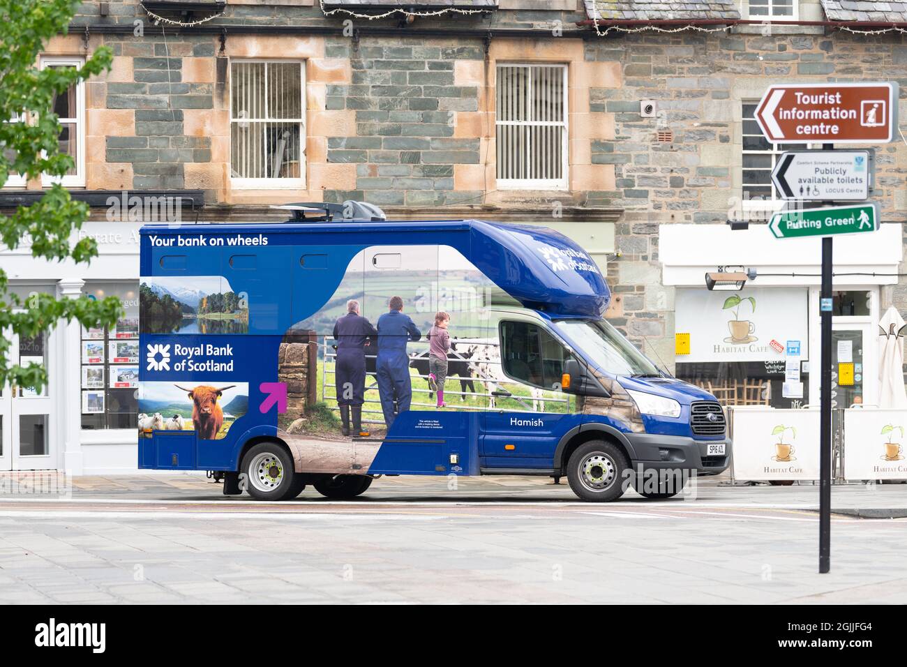 RBS Royal Bank of Scotland mobile branch van parked in Aberfeldy, Perth and Kinross, Scotland,UK Stock Photo