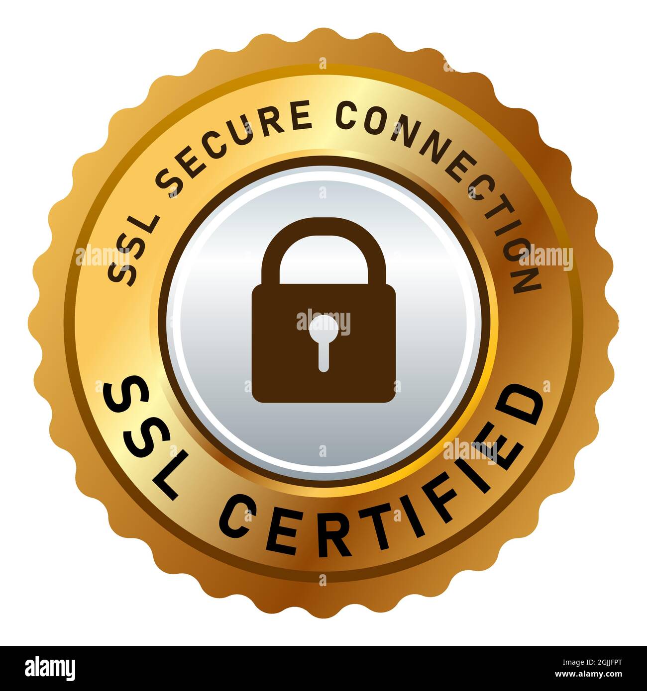 SSL secure connection certified stamp label sticker isolated design in golden and silver padlock logo Stock Vector