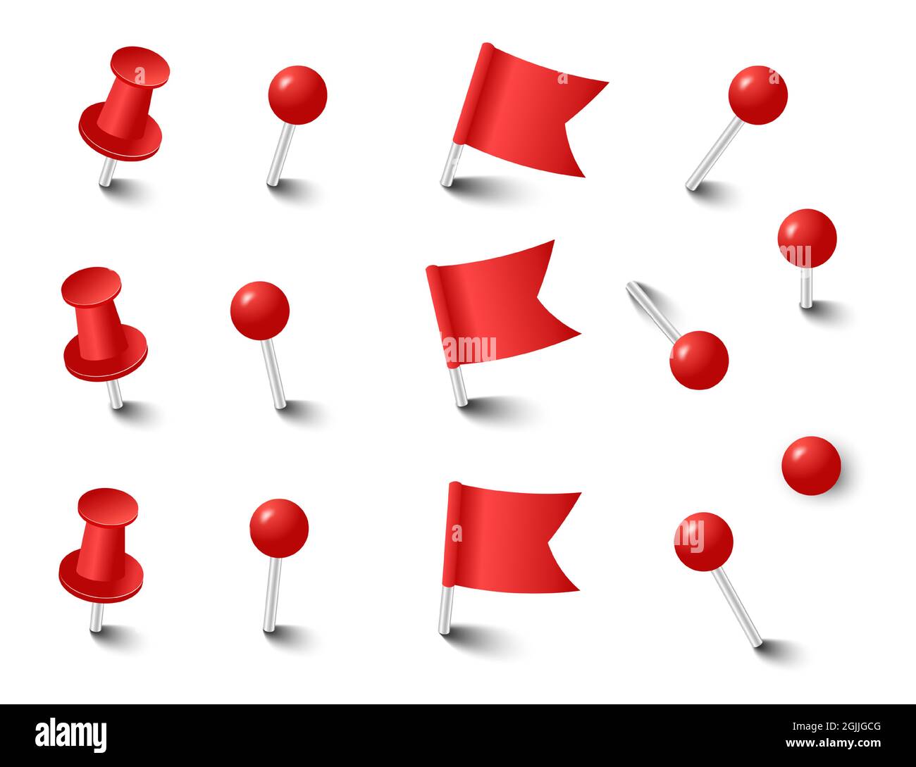 Red pins tacks flags. Attach buttons on needles, pinned office