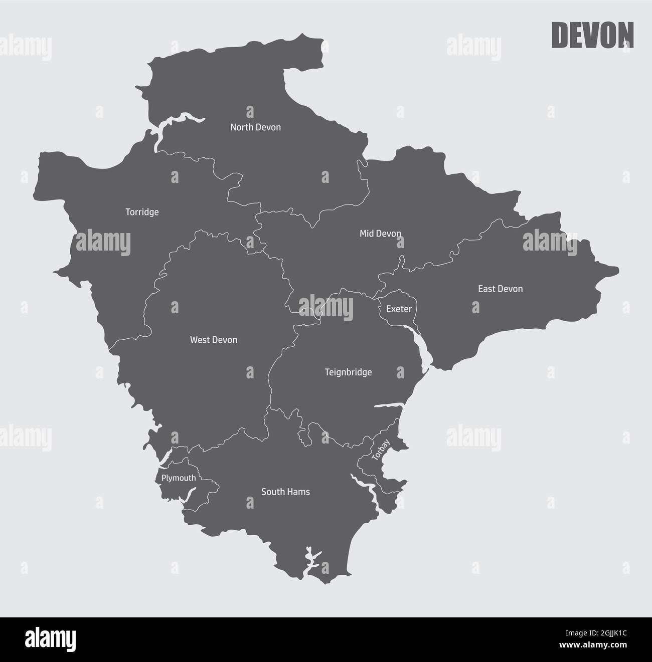Devon county isolated map divided in districts with labels, England Stock Vector