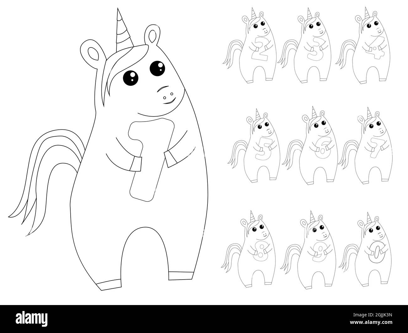 Cute fairy unicorn holding number, coloring book in outline style, simple flat vector illustration Stock Vector