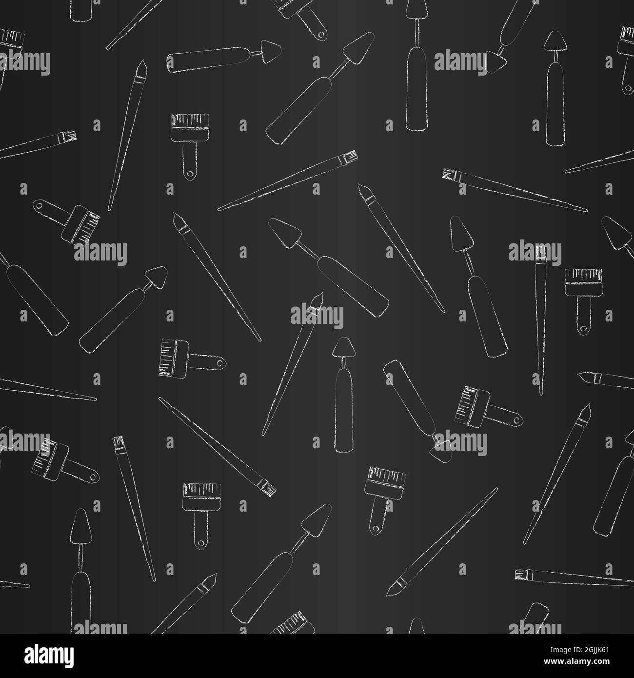 Brushes and palette knife seamless pattern, vertical rows of silhouettes of artist drawing tools on black chalkboard background Simple flat vector ill Stock Vector