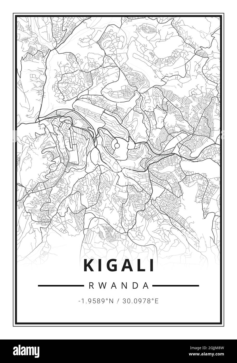 Street map art of Kigali city in Rwanda - Africa Stock Photo