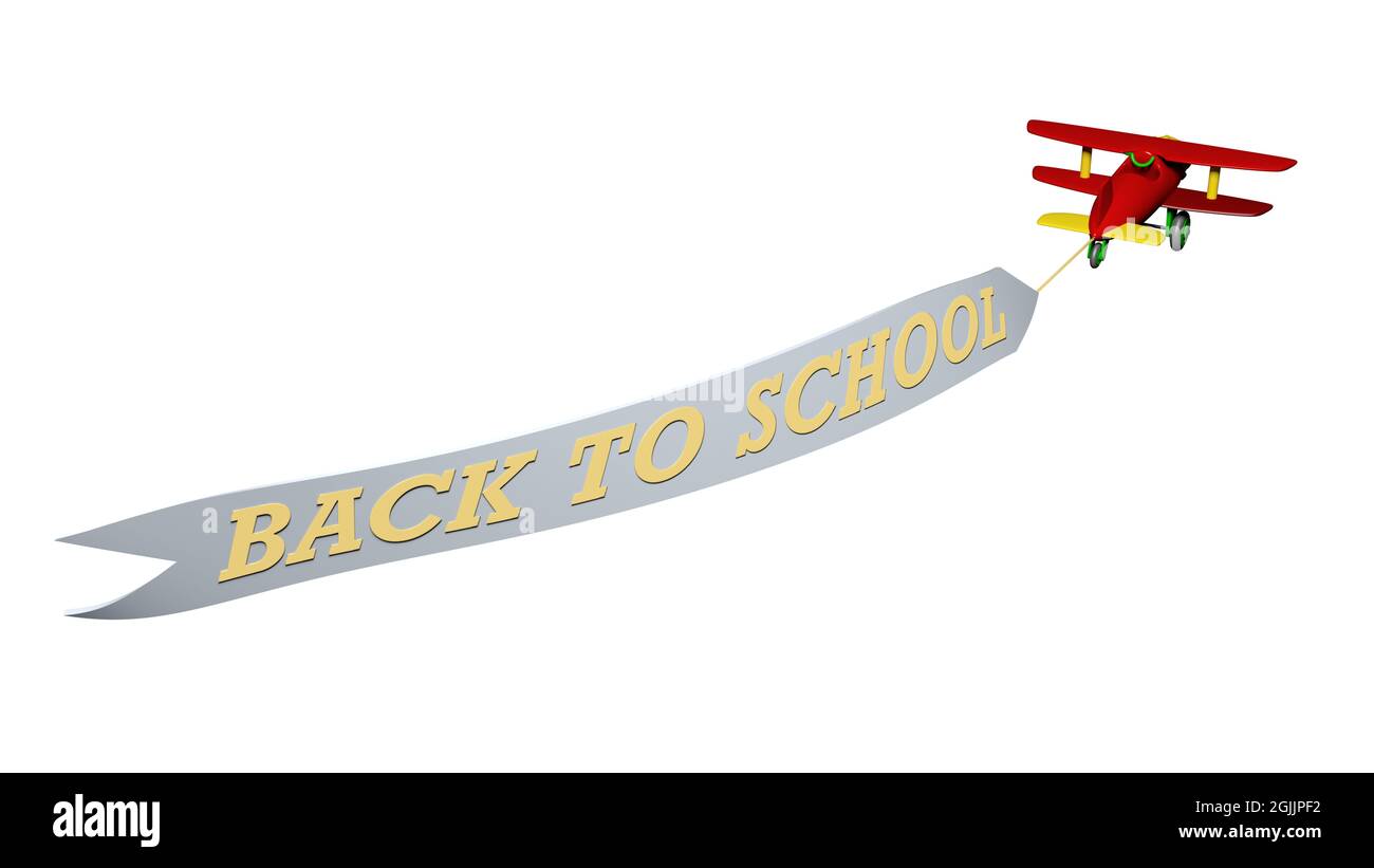 Aircraft toy on white background with written tail BACK TO SCHOOL - 3D rendering illustration Stock Photo