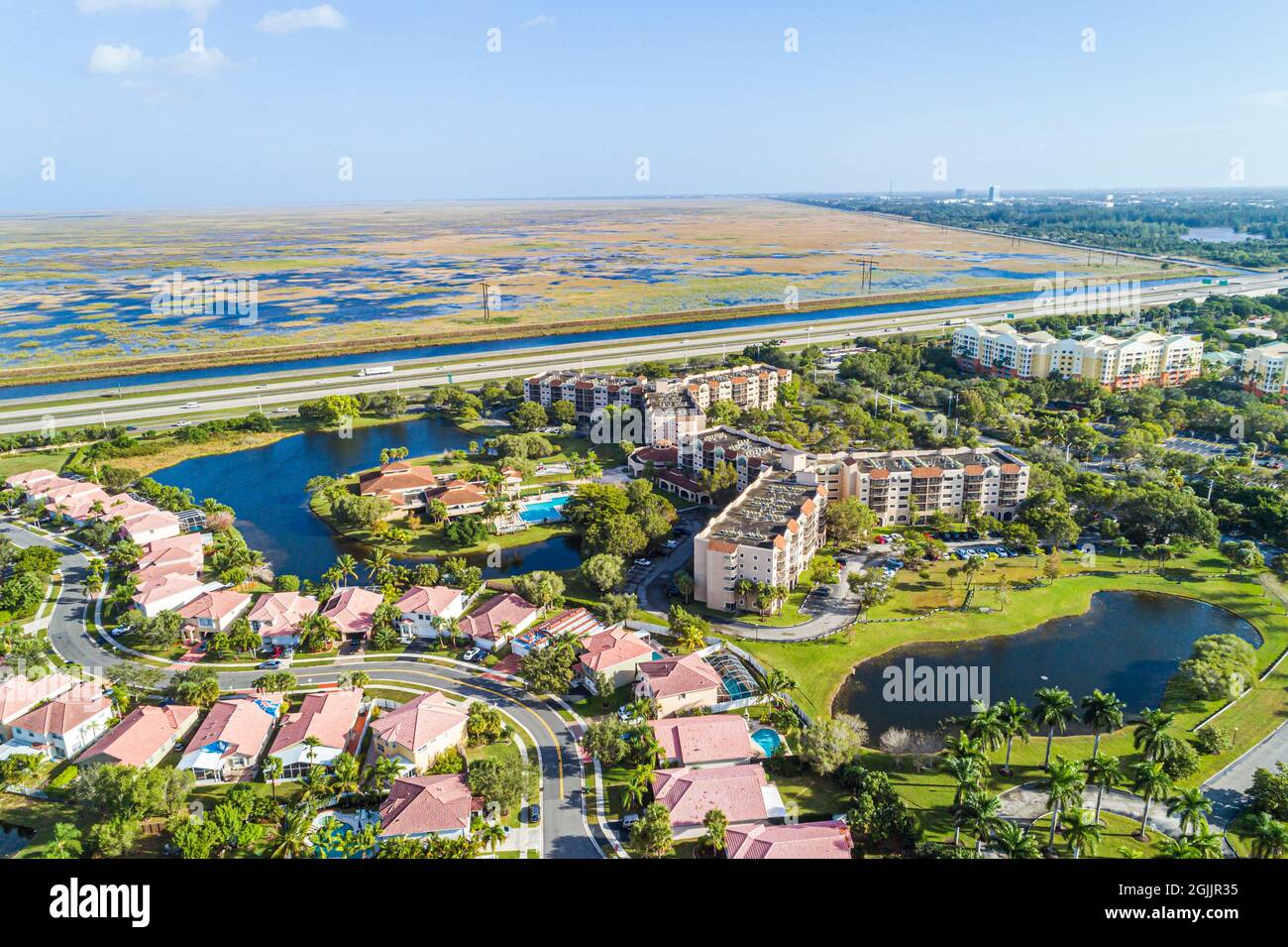 Weston Florida,Fort Ft. Lauderdale,aerial overhead view from above,homes bordering Wildlife Management Water Conservation Area 2B,Everglades Parkway A Stock Photo