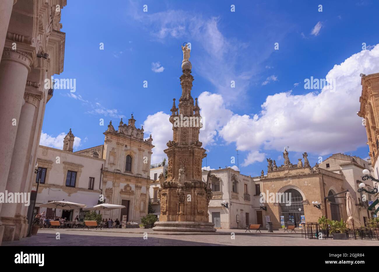 View of the historic centre of Nardò in Apulia, Italy: Salandra Square. In the middle of the square stands the Immaculate Steeple. Stock Photo