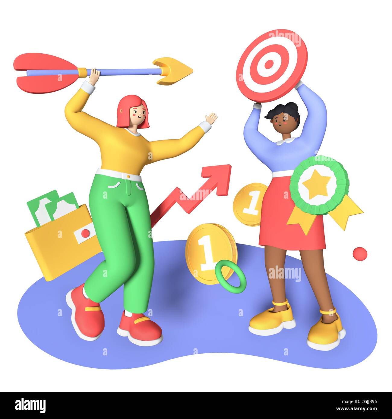 Goal Achievement Colorful 3d Style Illustration Cartoon Style Characters Cheerful Young Girls Are Trying To Hit The Target And Carry Out Their Plan Stock Photo Alamy