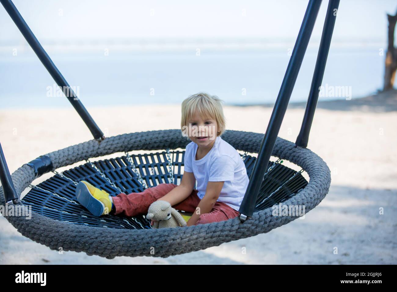 Happy brothers, children on the beach, swinging in a big round swing Stock  Photo - Alamy