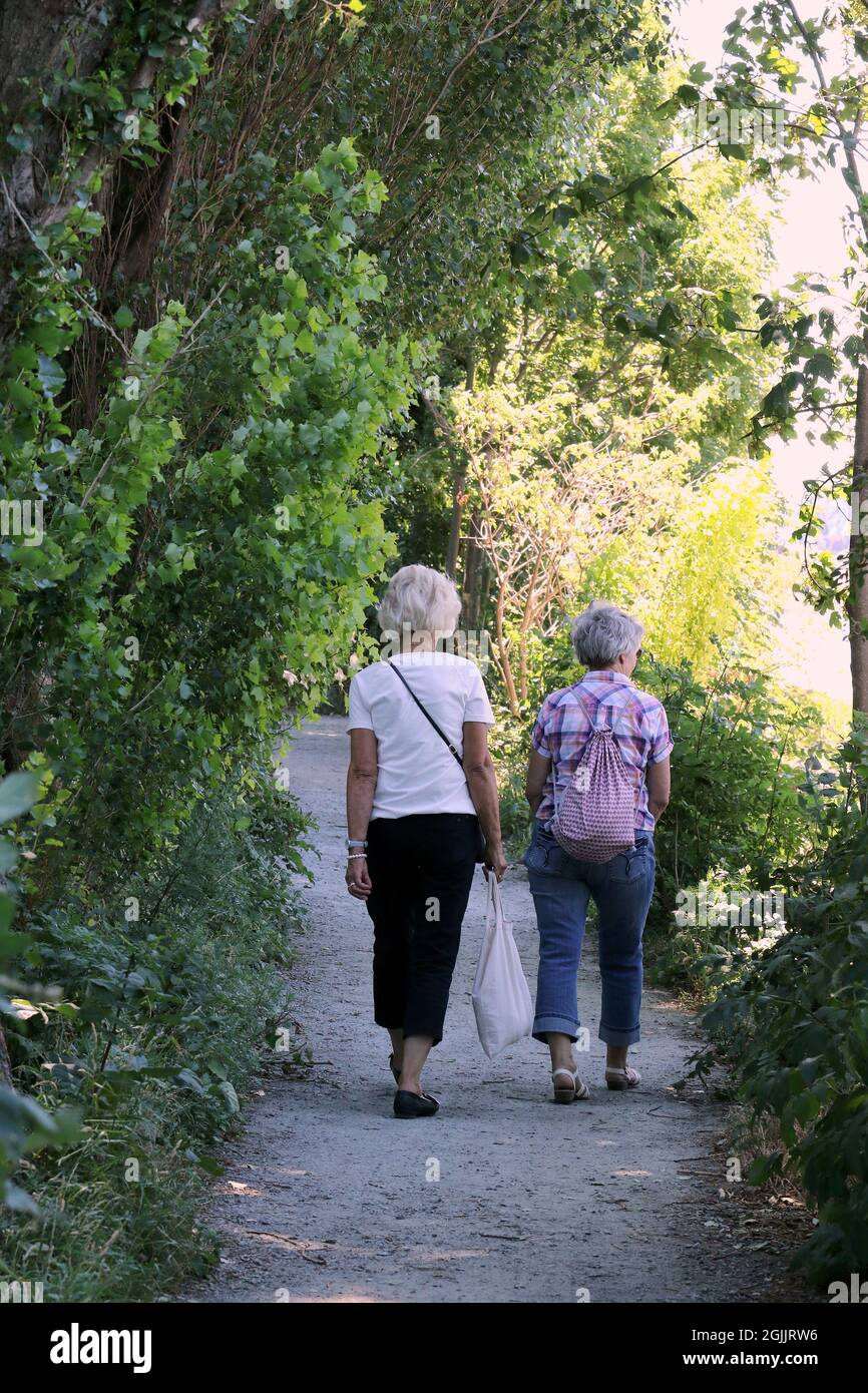 Rear shot of two elderly women walking in a park Stock Photo - Alamy
