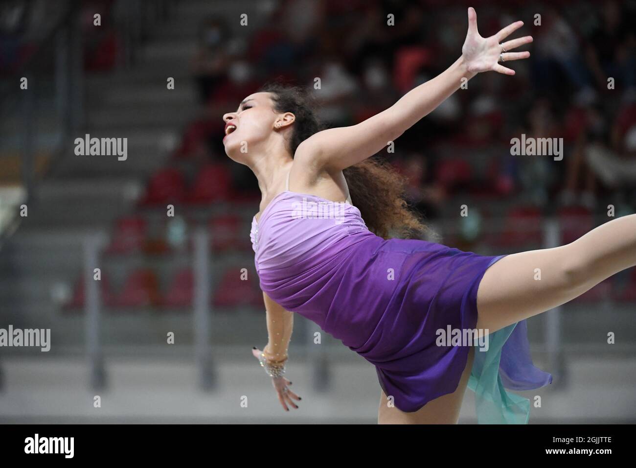 CELIA HIDOUCHE, France, performing in Senior Solo Dance - Free Dance at The European Artistic Roller Skating Championships 2021 at Play Hall, on September 07, 2021 in Riccione, Italy. (Photo by Raniero Corbelletti/AFLO) Stock Photo