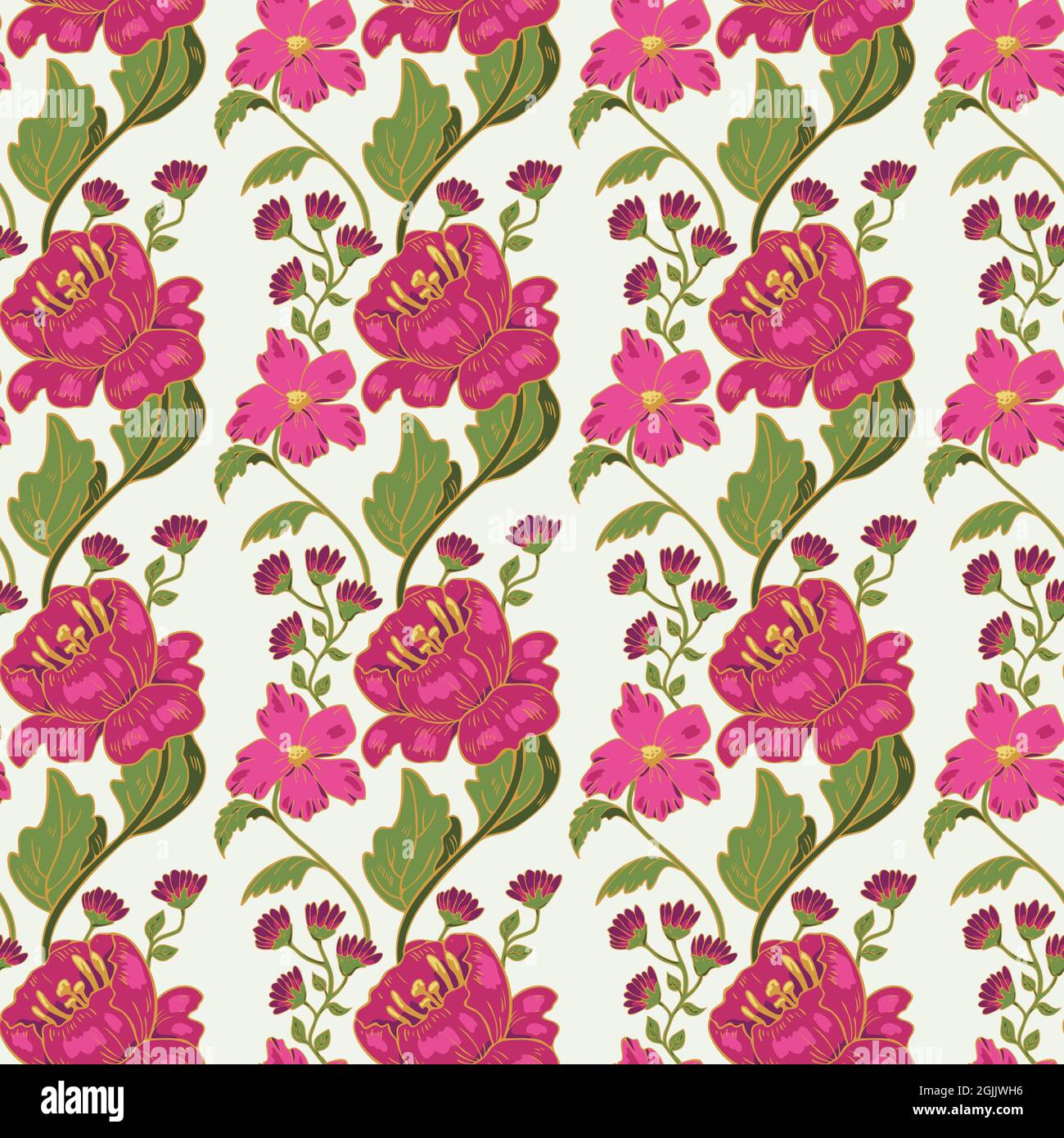 Vector seamless pattern with decorative flowers. Sophisticated design with stylized peonies. Stock Vector