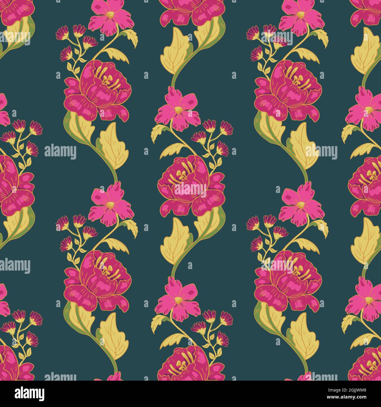 Vector seamless pattern with bright flowers on dark background. Fancy design with beautiful flowers. Stock Vector