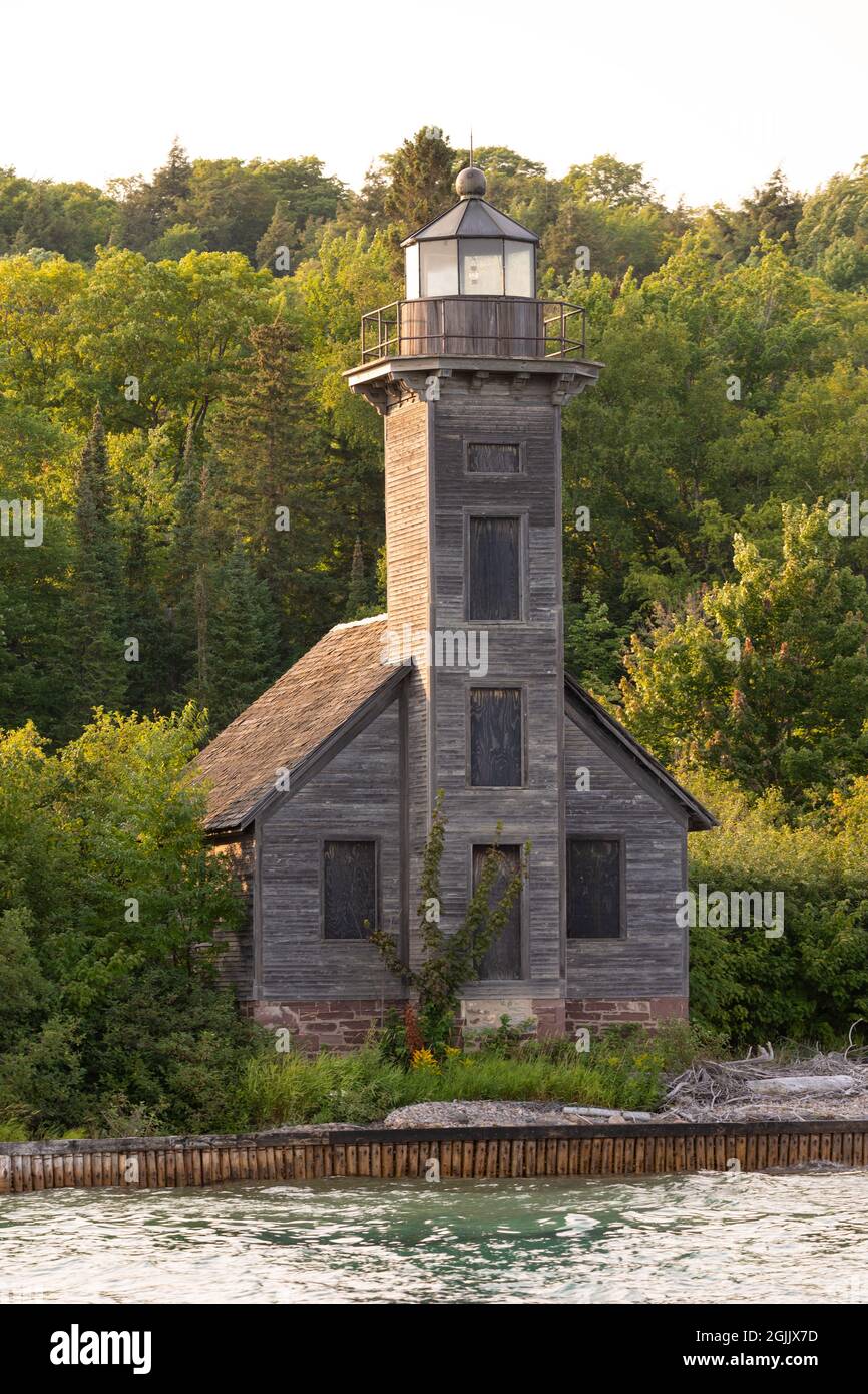 East Channel lighthouse on Grand Island outside of Munising Michigan Stock Photo