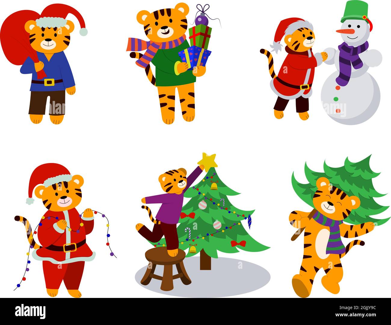 A set of cartoon illustrations of a tiger in the New Year style with Christmas items in their hands. Vector Stock Vector